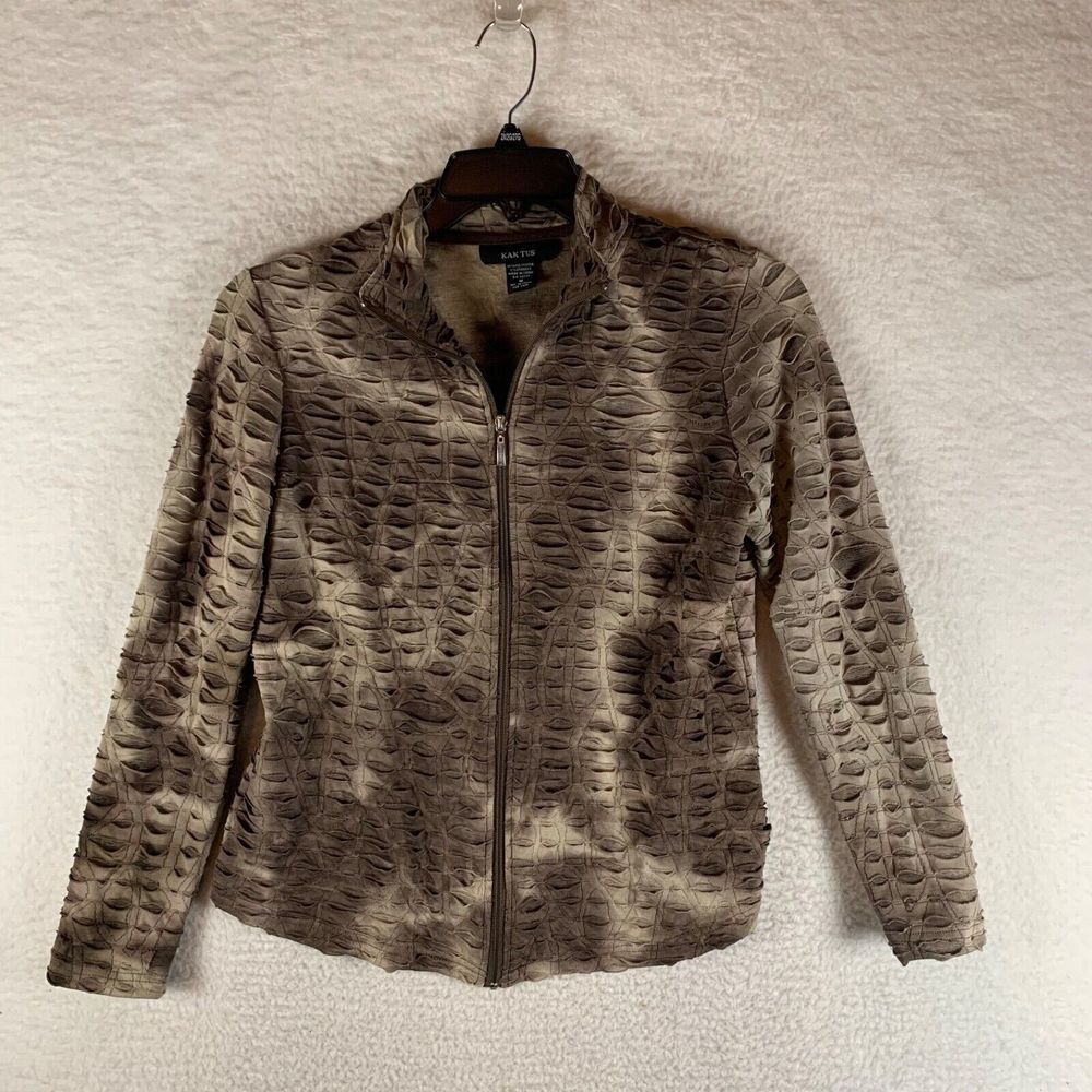 Kaktus Women's Full‎ Zip Stretch Knit Textured Collared Jacket Brown Abstract M